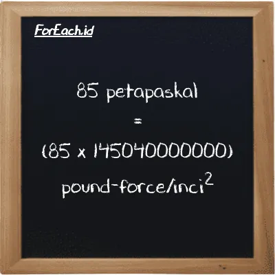 Cara konversi petapaskal ke pound-force/inci<sup>2</sup> (PPa ke lbf/in<sup>2</sup>): 85 petapaskal (PPa) setara dengan 85 dikalikan dengan 145040000000 pound-force/inci<sup>2</sup> (lbf/in<sup>2</sup>)